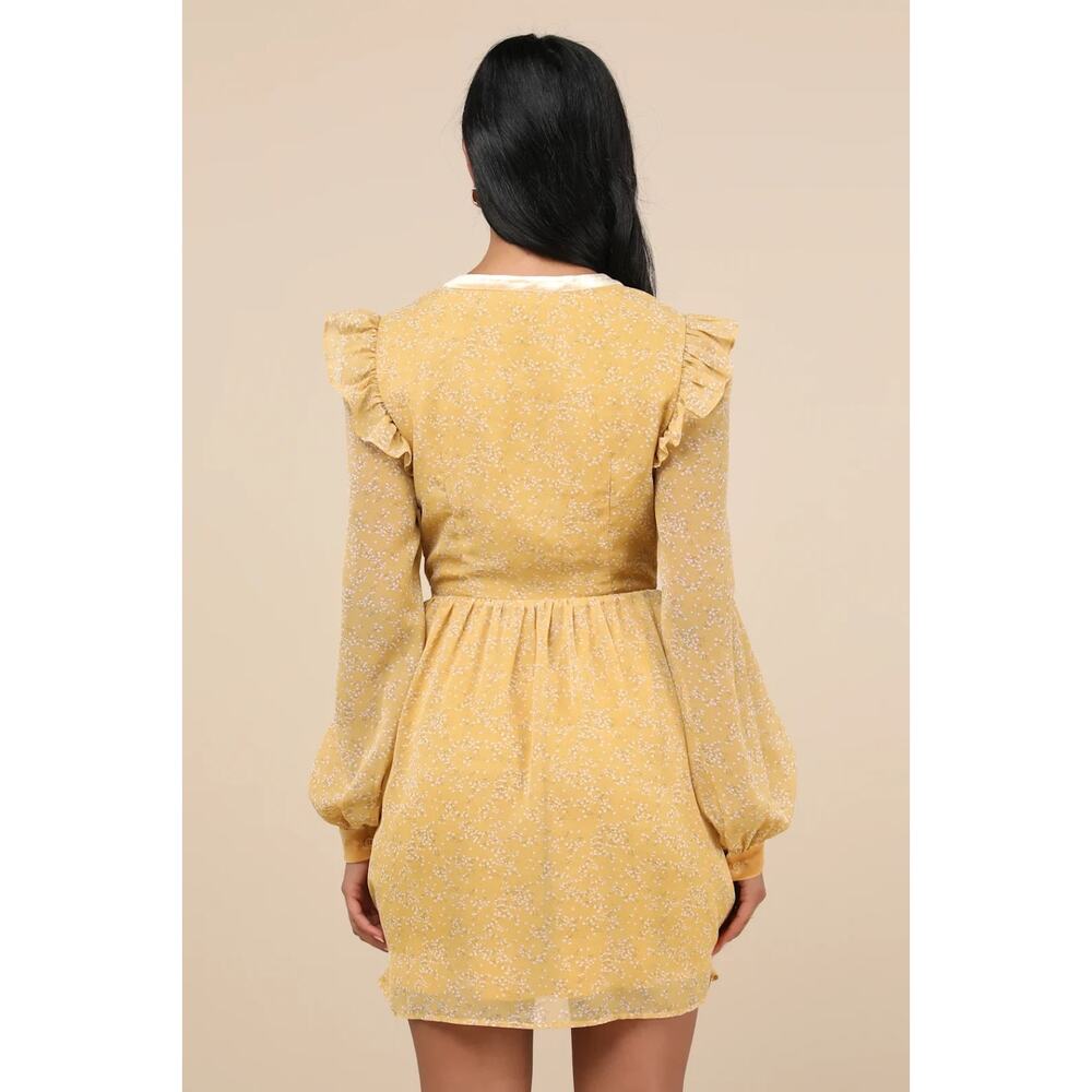 Lulus Yellow Floral Cutout Mini Dress Sz M Velvet Trim Long Slv Whimsy Romantic - Picture 13 of 13